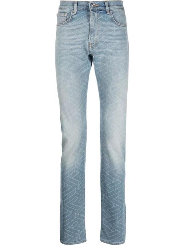 Geometric-print Washed Jeans In Blue Product Image