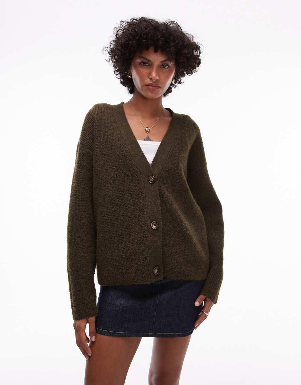 Topshop knit easy clean ribbed detail relaxed cardigan in khaki Product Image