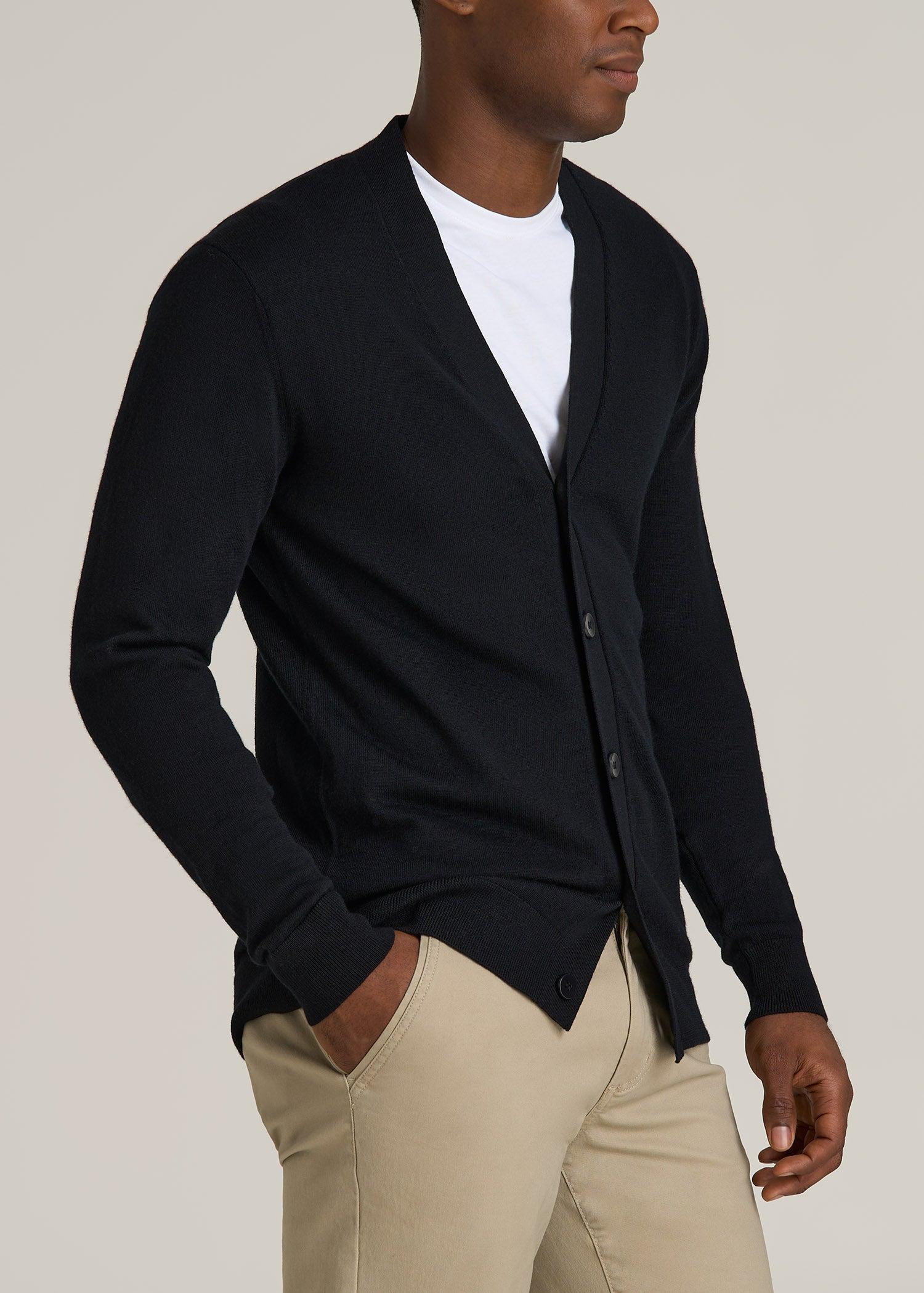 Merino Wool Cardigan Sweater for Tall Men in Black Male Product Image