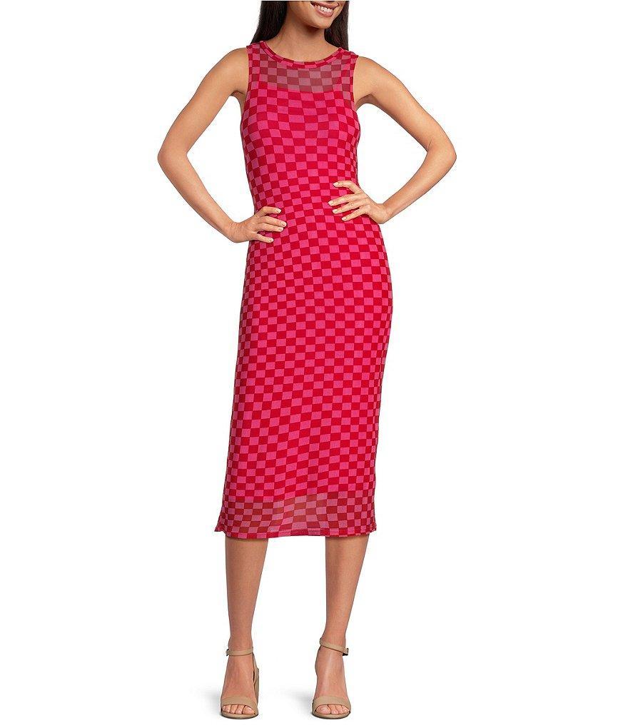 Gianni Bini Cara Check Print Mesh Crew Neck Sleeveless Midi Dress Product Image