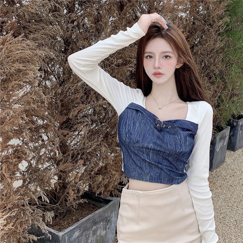 Mock Two-Piece Long-Sleeve Square-Neck Denim Buckled Top Product Image