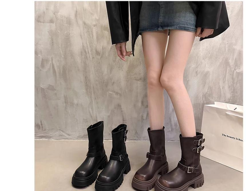 Platform Plain Buckled Short Boots Product Image