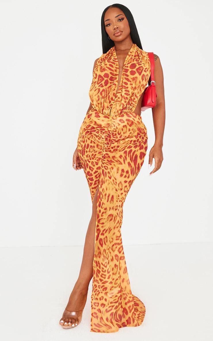 Shape Orange Leopard Printed Chiffon Drape Front Maxi Dress Product Image