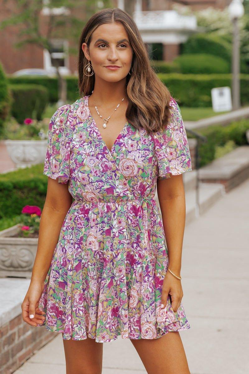 Purple Floral Print Surplice Mini Dress - FINAL SALE Product Image