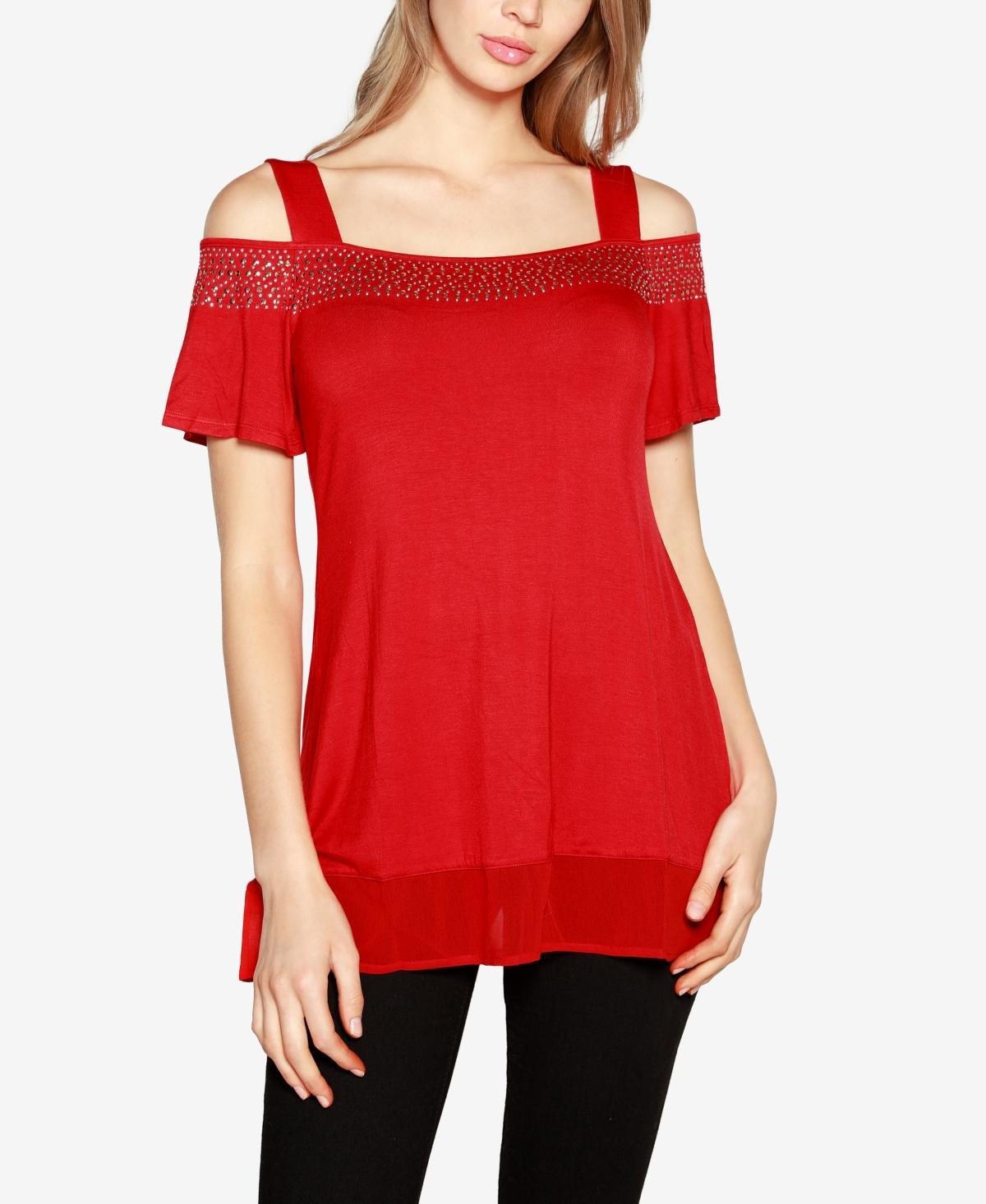 Belldini Womens Embellished Cold-Shoulder Top Product Image