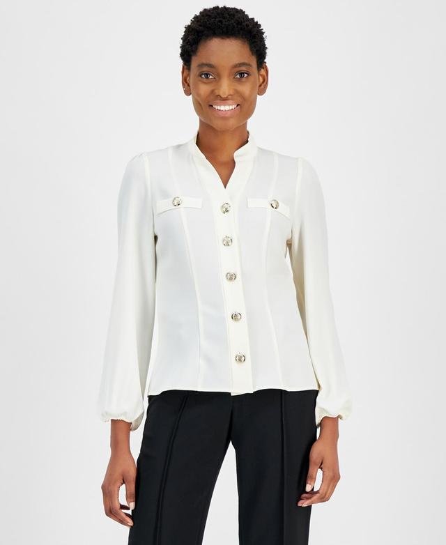 Anne Klein Womens Collarless Long-Sleeve Blouse Product Image