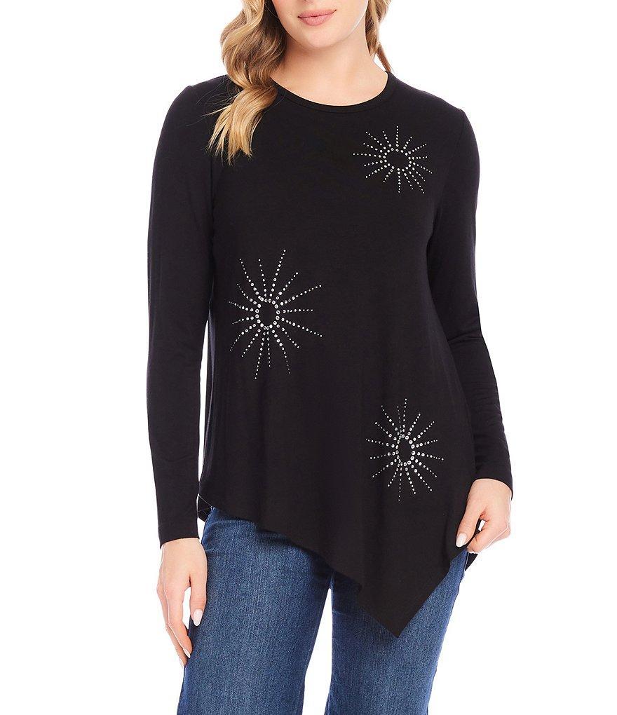 Karen Kane Stretch Embellished Asymmetrical Crew Neck Long Sleeve Top Product Image