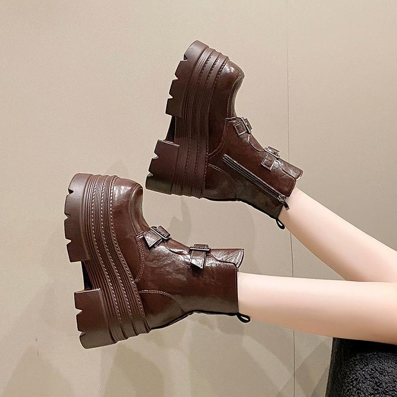 Faux Leather Buckled Platform Short Boots product image