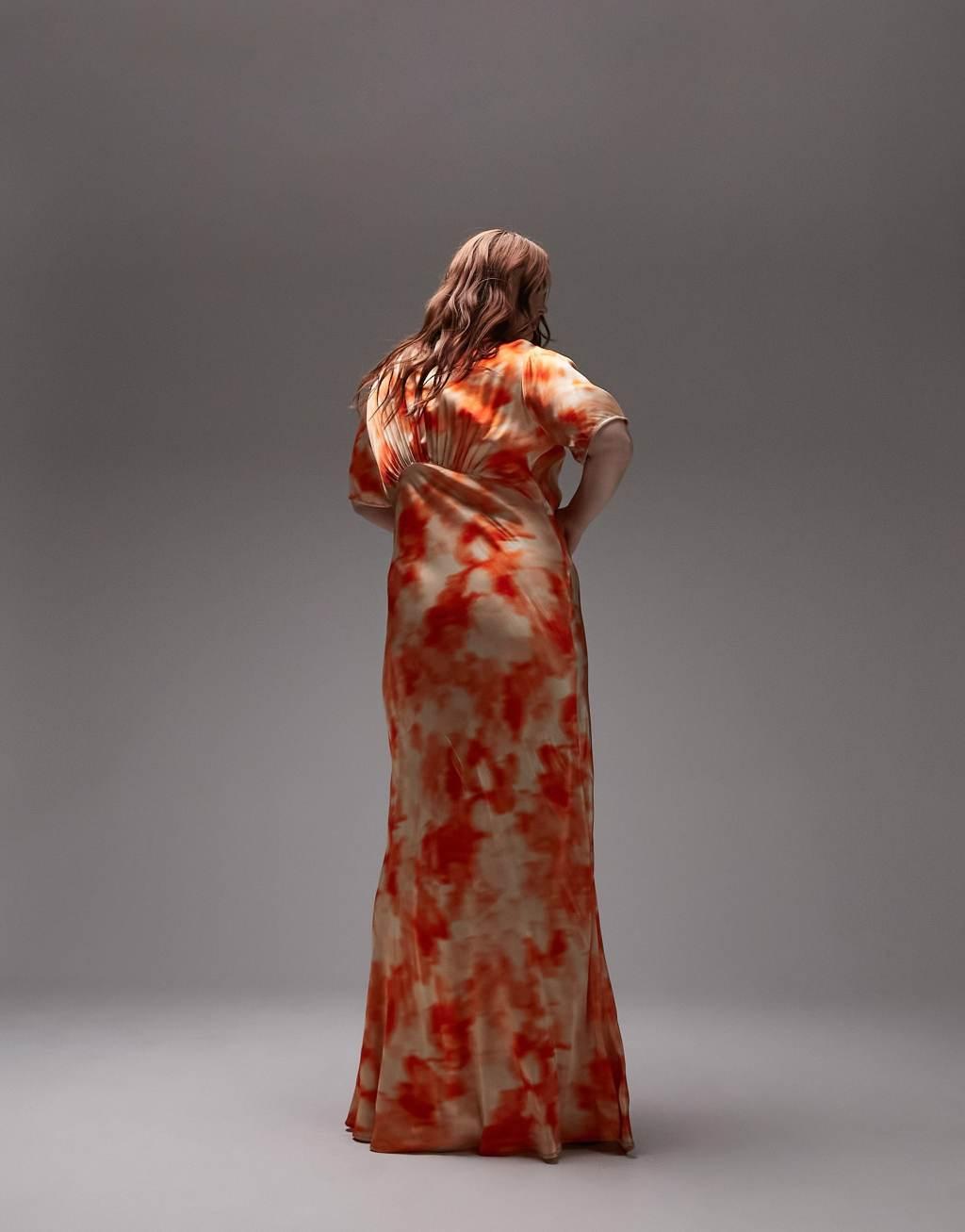 Topshop Curve bias midi dress in orange print Product Image