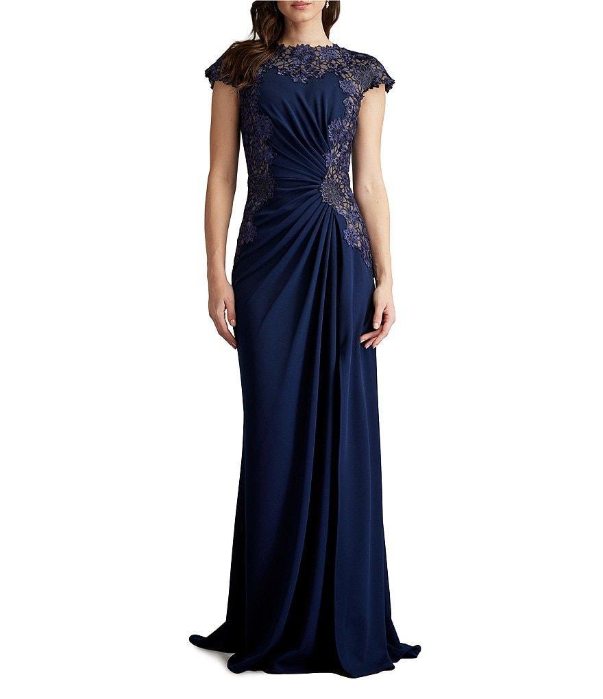 Tadashi Shoji Crepe Floral Embroidered Boat Neck Cap Sleeve Pleated Gown Product Image