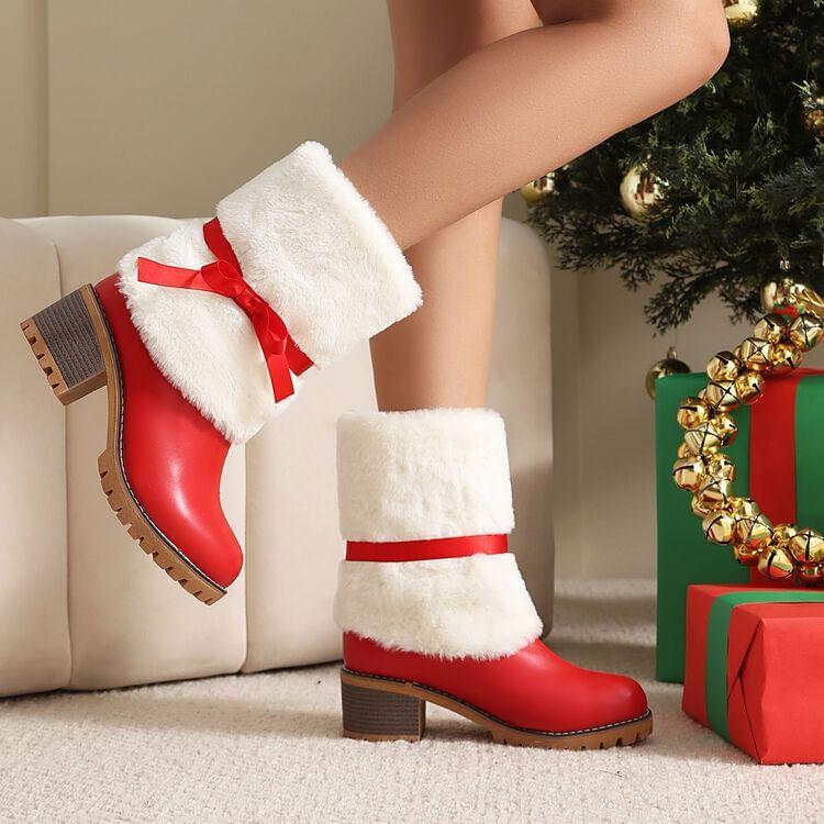 Fluffy Trim Bow Platform Chunky Heel Short Boots Product Image