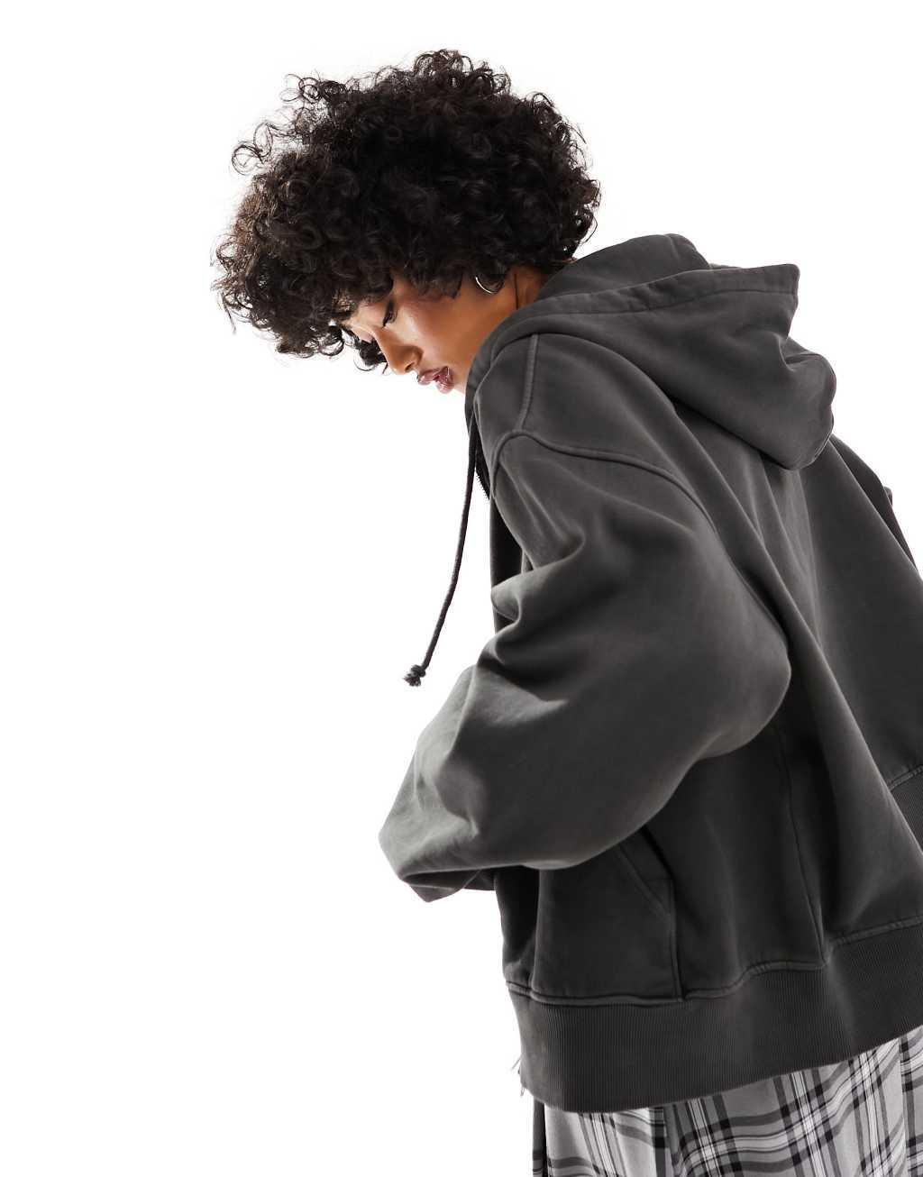 Weekday boxy heavyweight jersey zip hoodie in dark gray Product Image