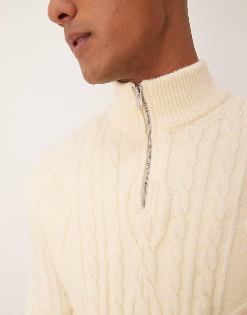 ASOS DESIGN heavyweight cable knit quarter zip sweater in cream Product Image