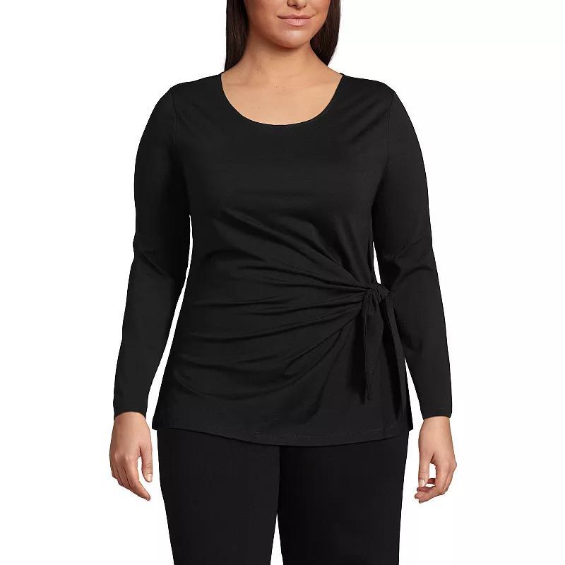 Plus Size Lands End Long Sleeve Lightweight Jersey Tie Front Top, Womens Deep Blue Product Image