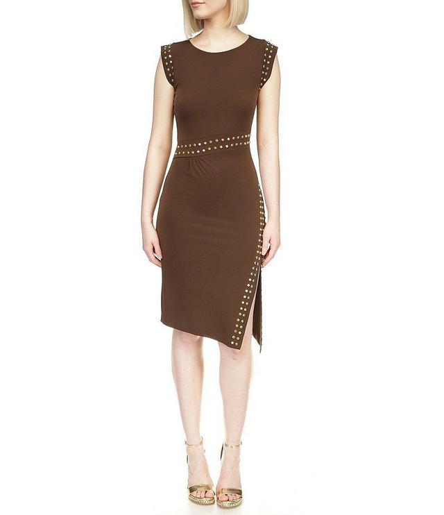 MICHAEL Michael Kors Matte Jersey Studded Crew Neck Sleeveless Asymmetrical Hemline Sheath Dress Product Image