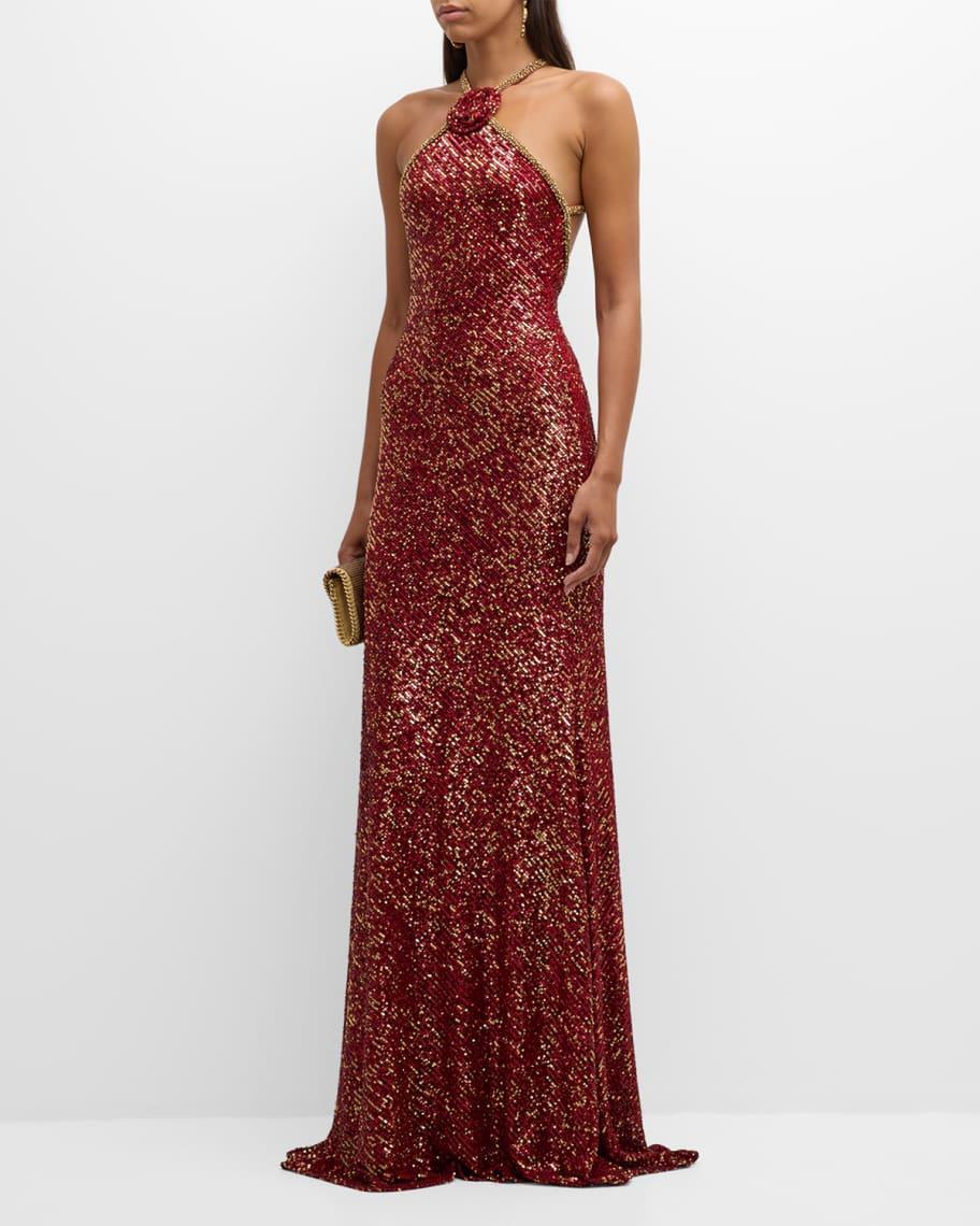 Rosette Sequin Backless Halter Gown Product Image