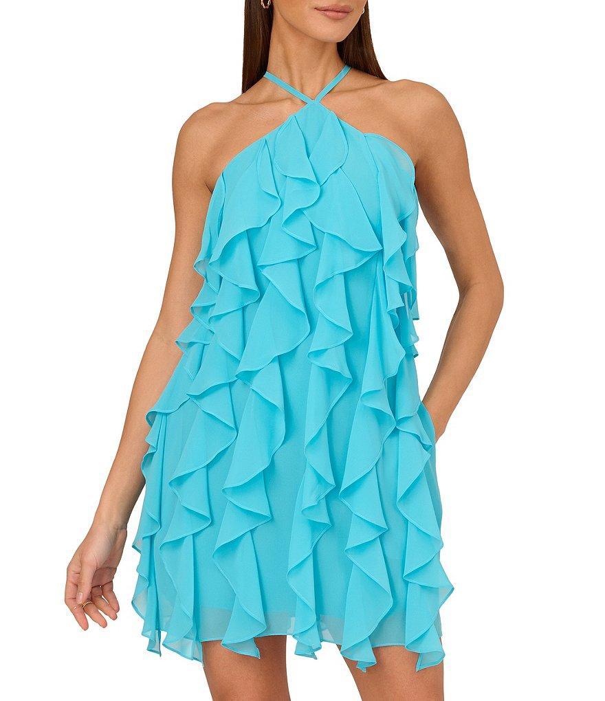 Adrianna by Adrianna Papell Chiffon Ruffle Halter Neck Sleeveless Mini Dress Product Image