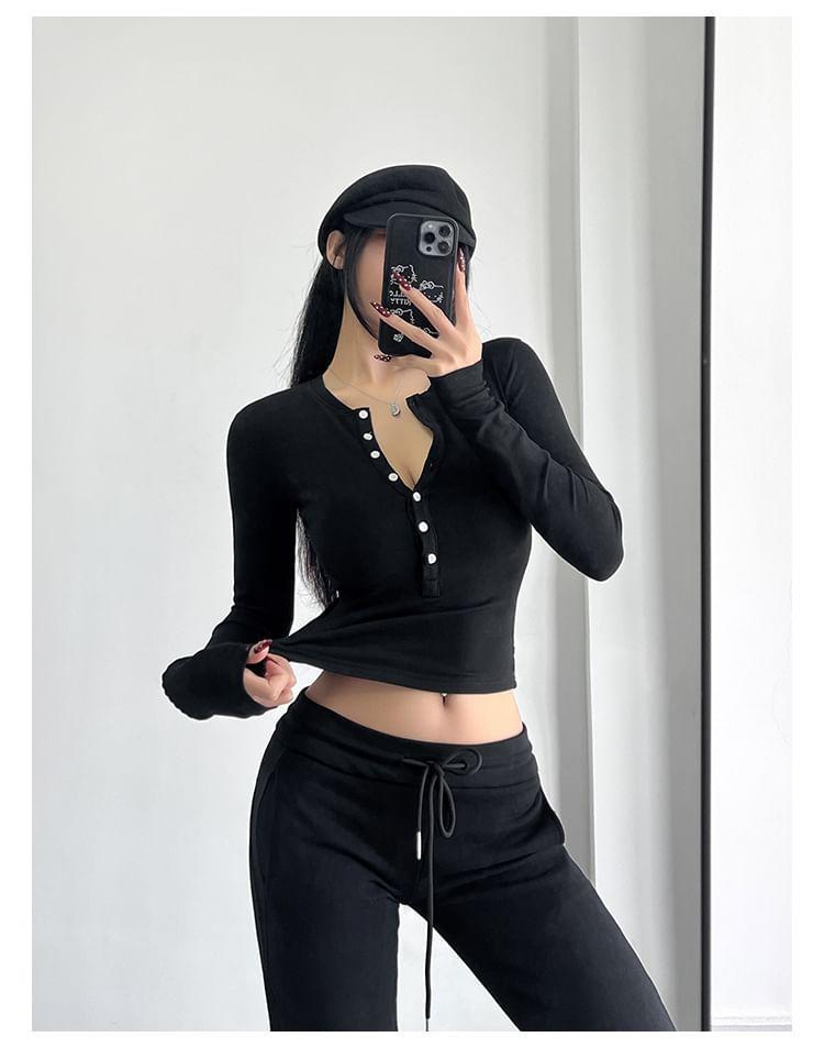 Long-Sleeve Slim-Fit Crop Henley Product Image