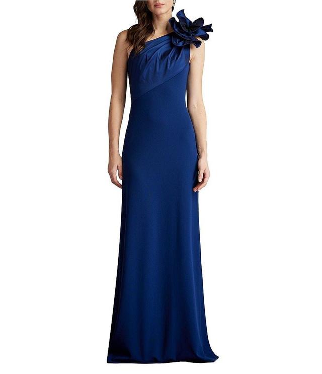 Tadashi Shoji Crepe One Shoulder Sleeveless Taffeta Flower Applique Gown Product Image