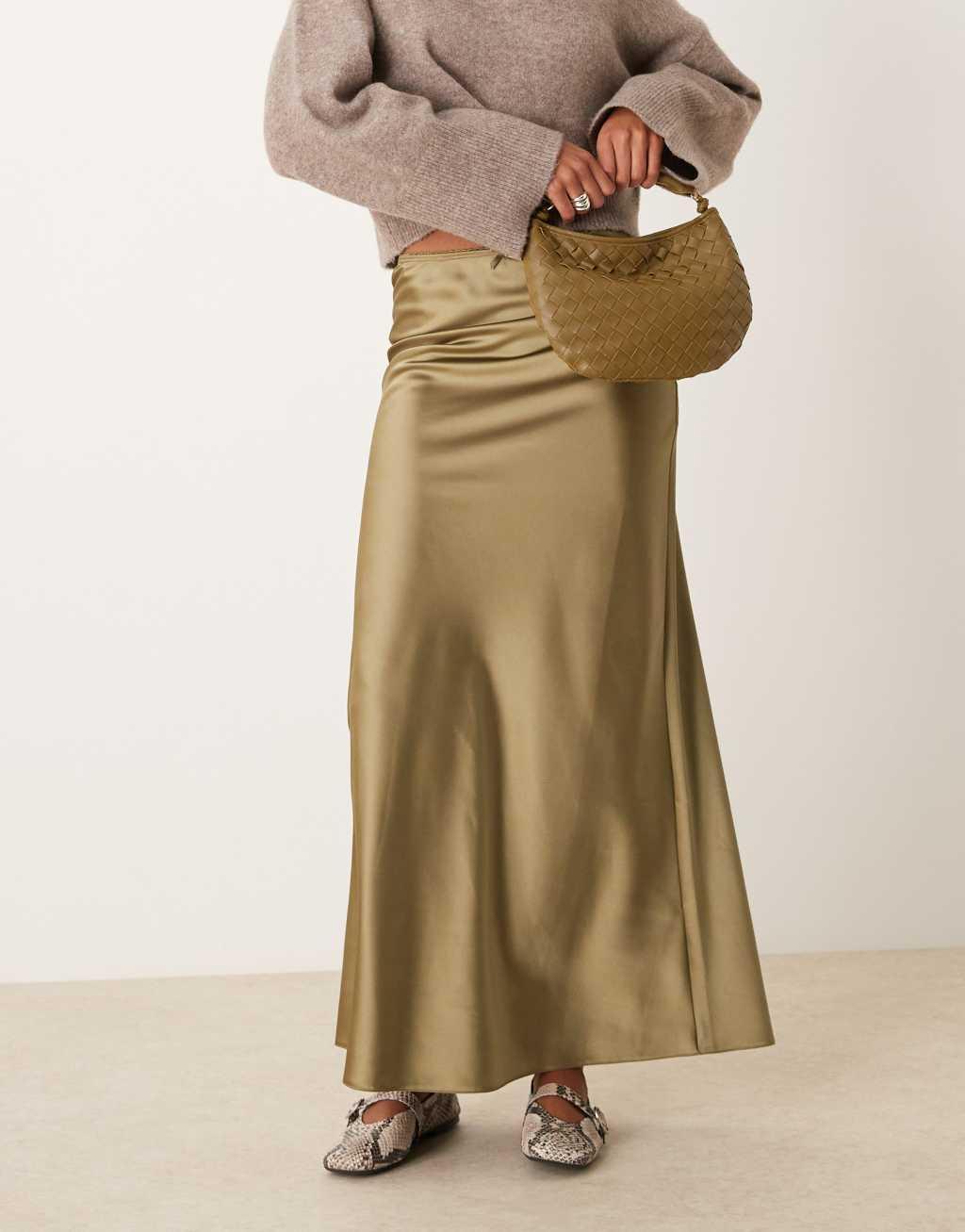 Miss Selfridge satin maxi skirt in khaki Product Image