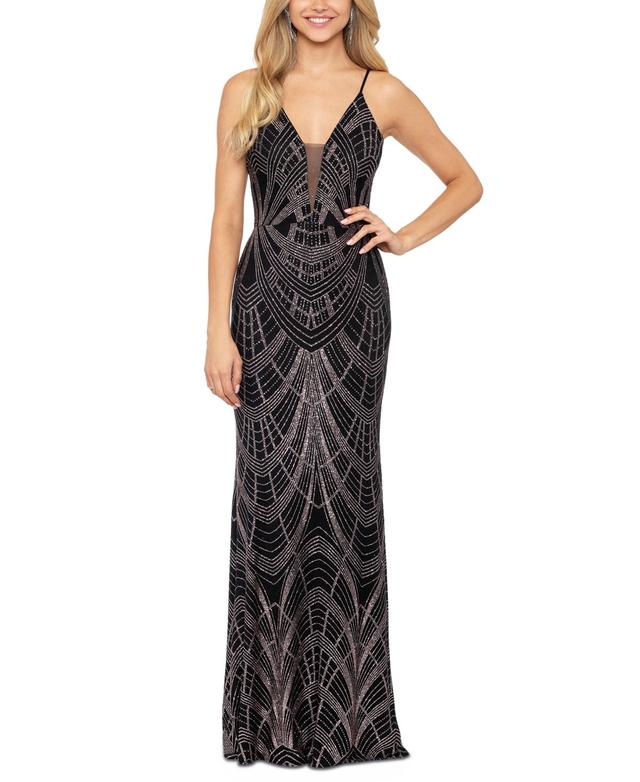 Betsy & Adam Womens Plunge-Neck Mesh-Inset Glitter-Print Gown - Black Product Image