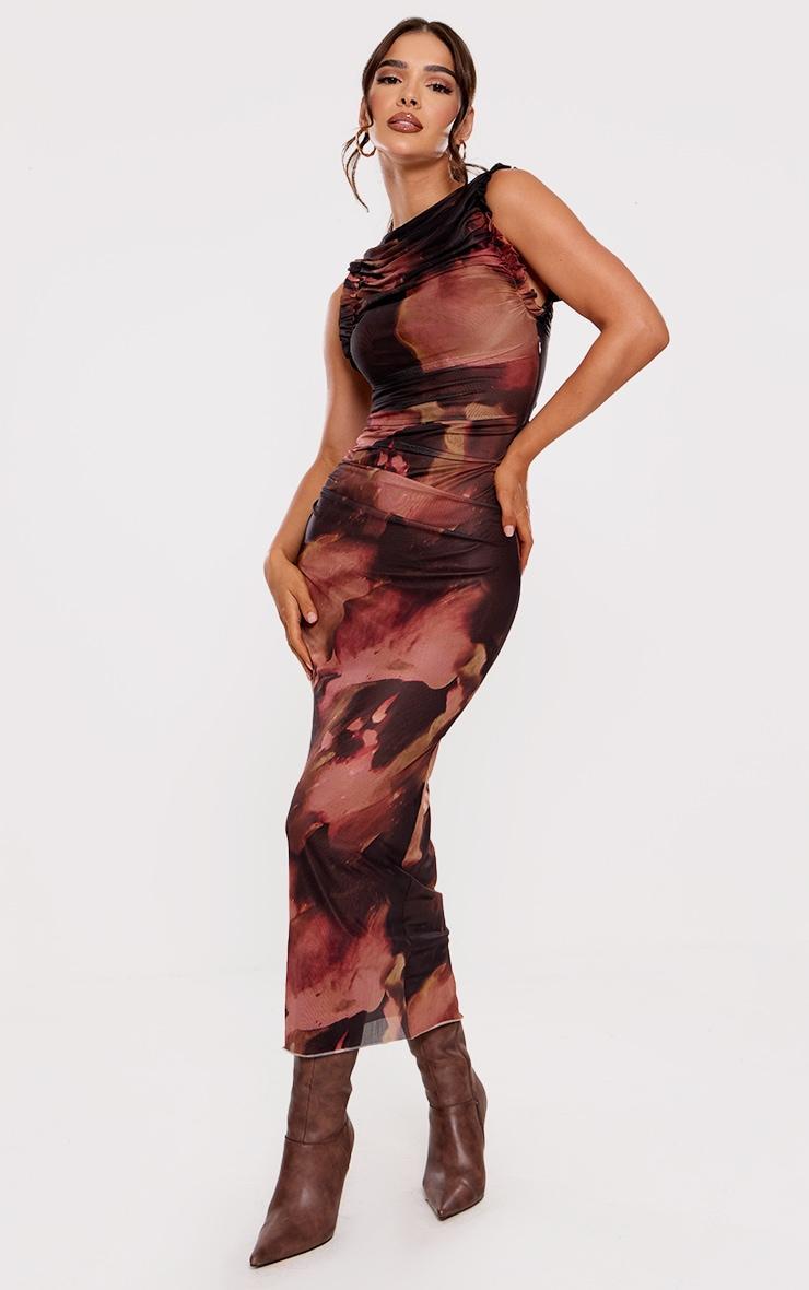 Brown Abstract Print Mesh Racer Neck Maxi Dress Product Image