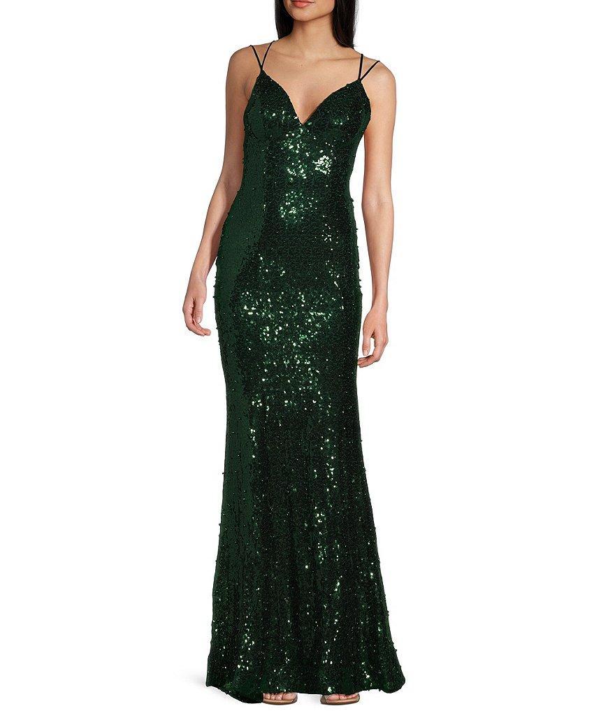 B. Darlin Double Strap V-Neck Sequin & Pearl Studded Dress Product Image