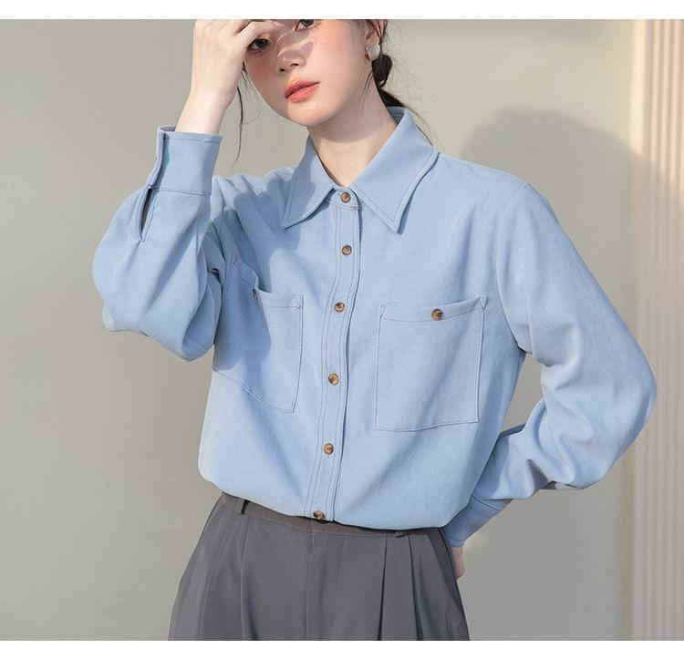 Long-Sleeve Plain Pocket Detail Shirt Product Image