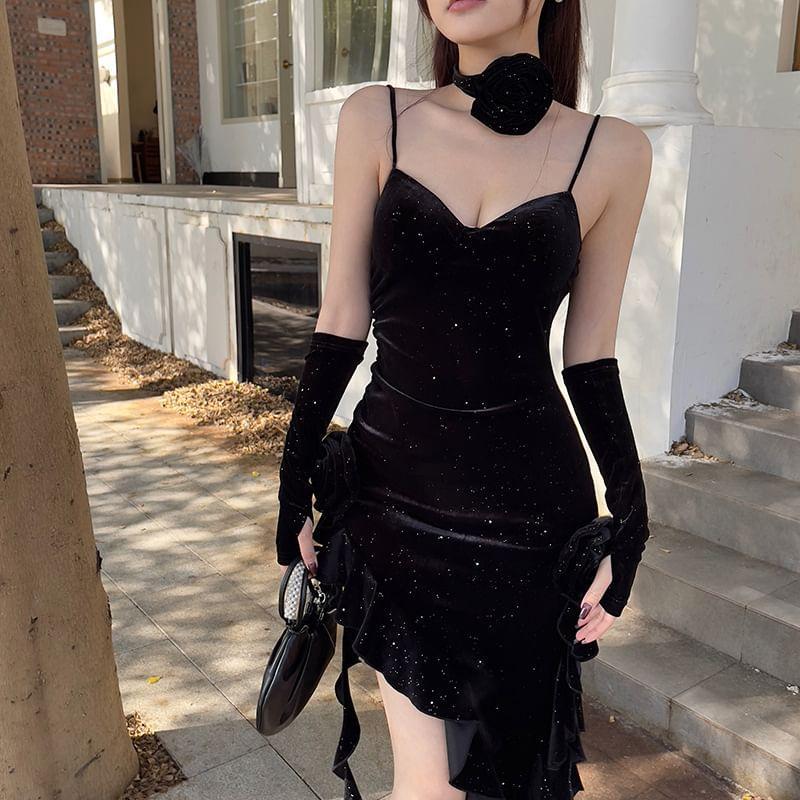 Spaghetti Strap Rhinestone Ruffled Midi Velvet Bodycon Dress Product Image