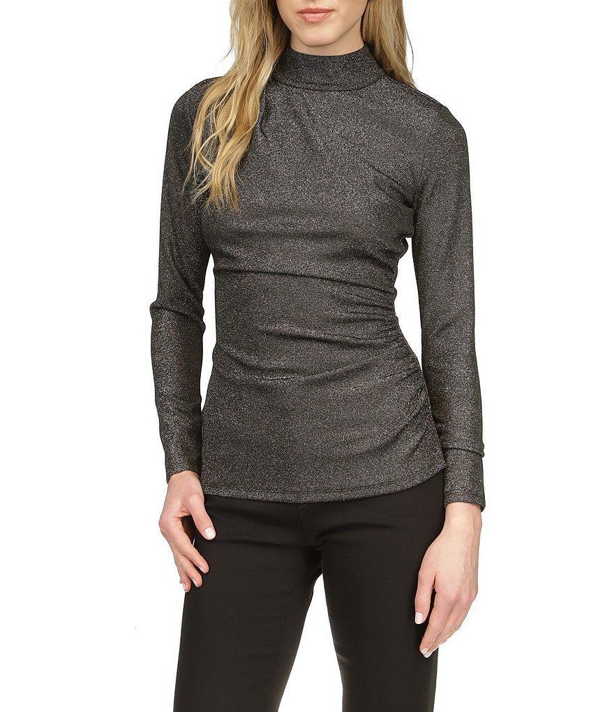 Michael Kors Metallic Lurex Side Ruched Mock Neck Long Sleeve Top Product Image