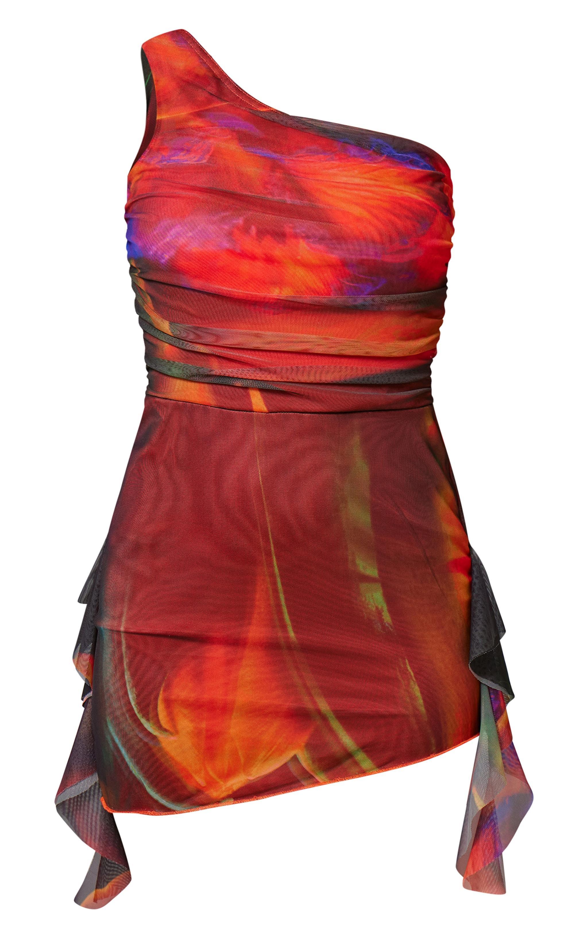 Deep Orange Abstract Print Mesh One Shoulder Bodycon Dress Product Image