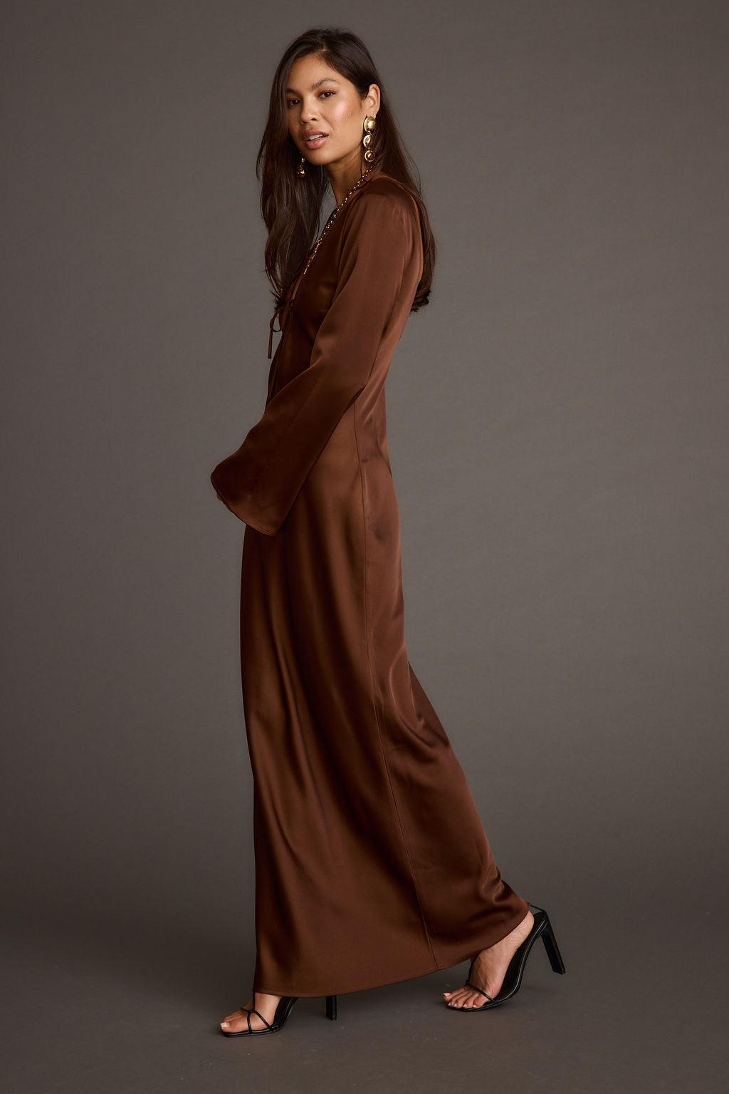 Strokes Mocha Long Sleeve Plunge Satin Maxi Dress Product Image