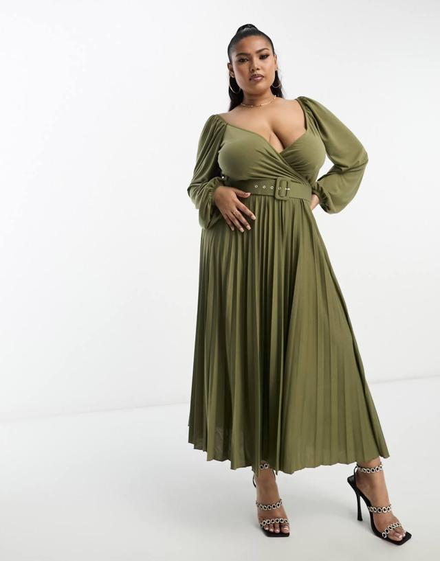 ASOS DESIGN Curve wrap front midi dress with pleat skirt and belt in khaki  Product Image