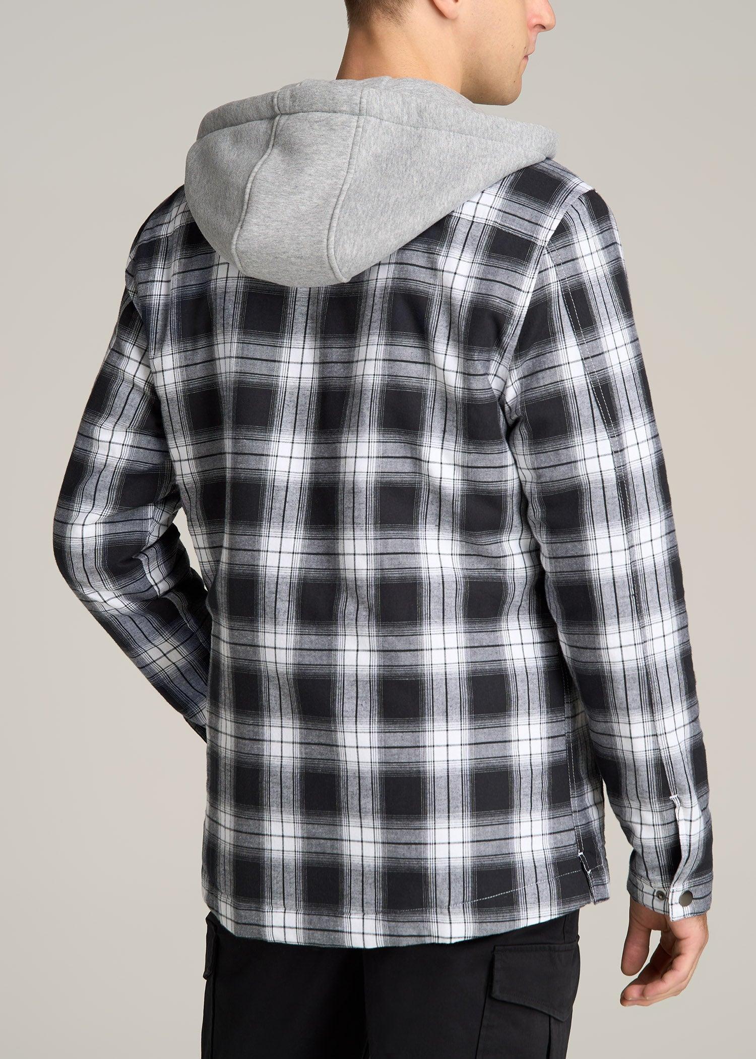 Hooded Flannel Shirt Jacket for Tall Men in Black & White Plaid Male Product Image