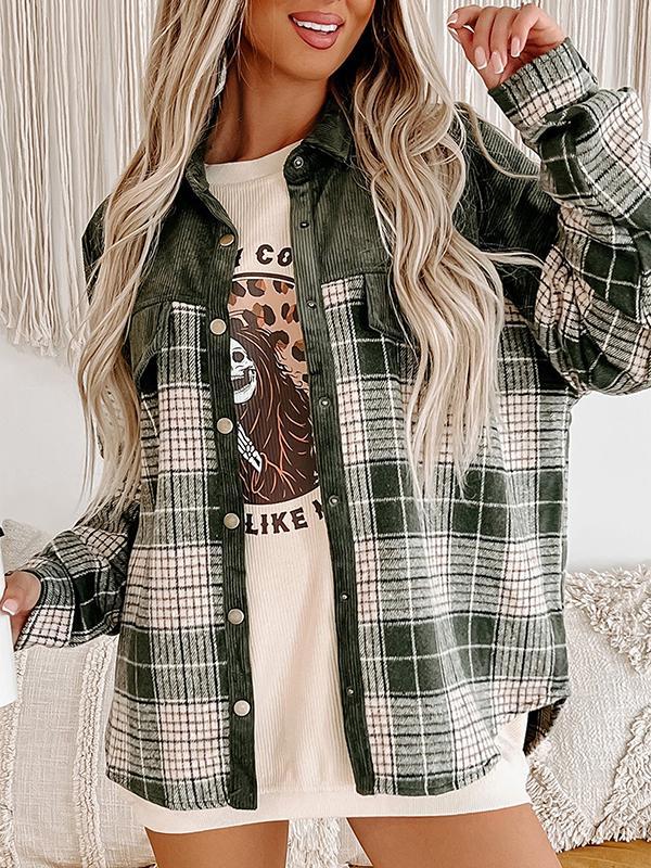 Long Sleeves Loose Buttoned Contrast Color Plaid Split-Joint Lapel Outerwear Product Image