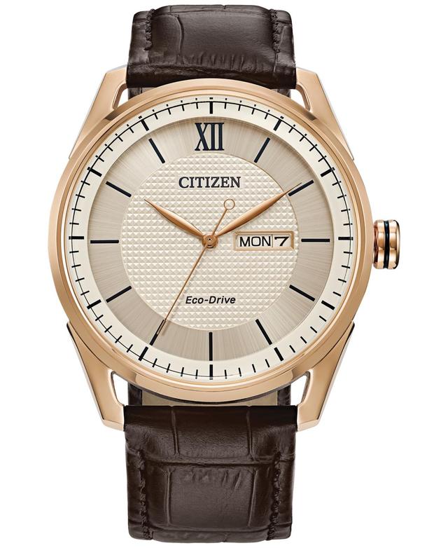 Citizen Mens Classic Three Hand Brown Leather Strap Rose Gold Watch Product Image