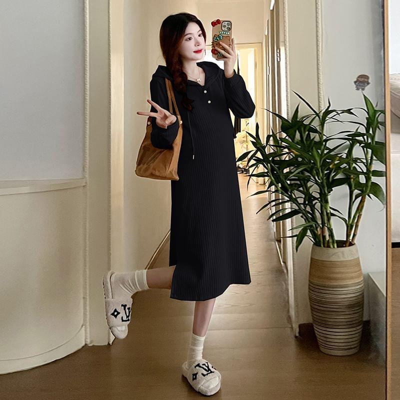 Maternity Long-Sleeve Collared Plain A-Line Dress Product Image