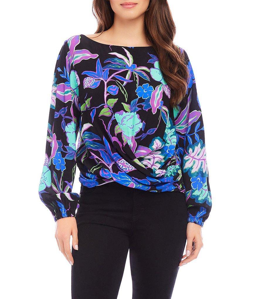 Karen Kane Petite Size Printed Boat Neck Long Sleeve Drape Top Product Image