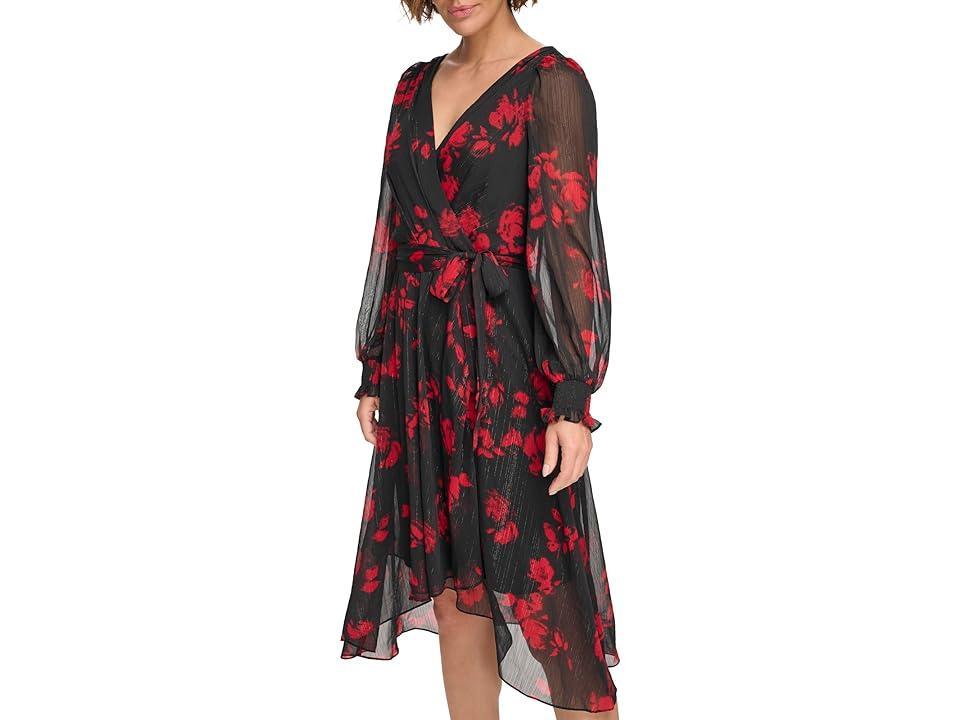 DKNY Long Balloon Sleeve with Wrap Skirt Scarlet) Women's Clothing Product Image