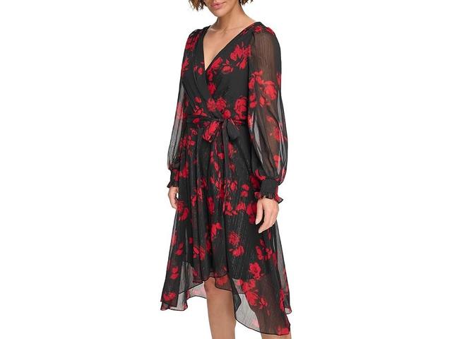 DKNY Metallic Printed Surplice V-Neckline Long Sleeve Faux Wrap Dress Product Image