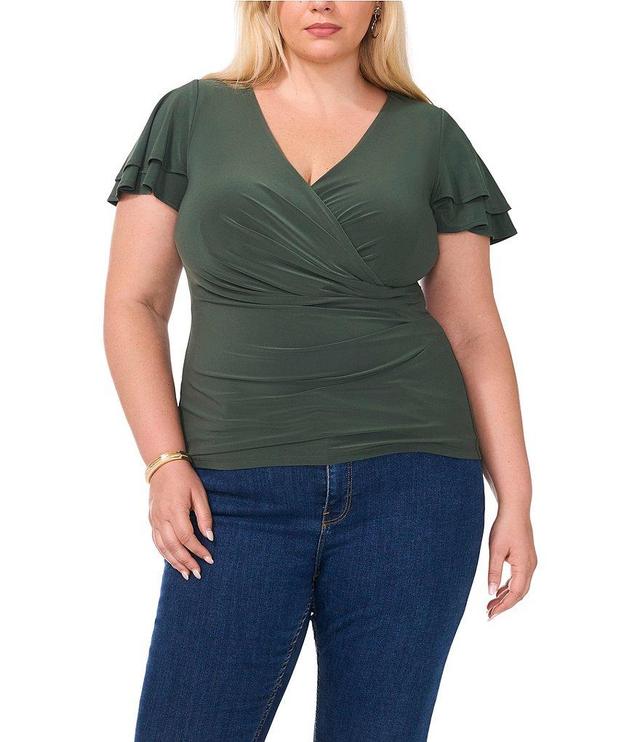 Vince Camuto Plus Size V-Neck Short Flutter Sleeve Faux Wrap Blouse Product Image