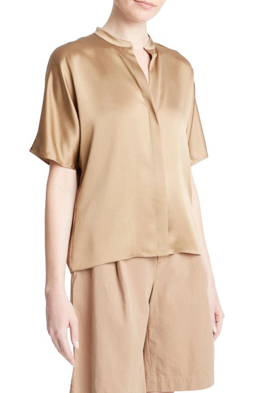 VINCE Short-sleeve Dolman Button-front Silk Blouse In Gold Product Image