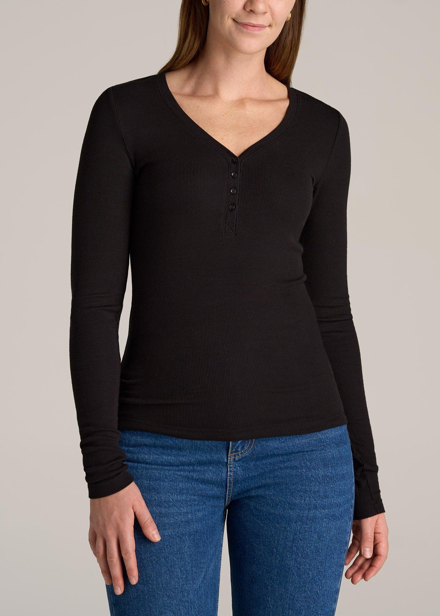 Tall Women's FITTED Ribbed Long Sleeve Henley in Black product image