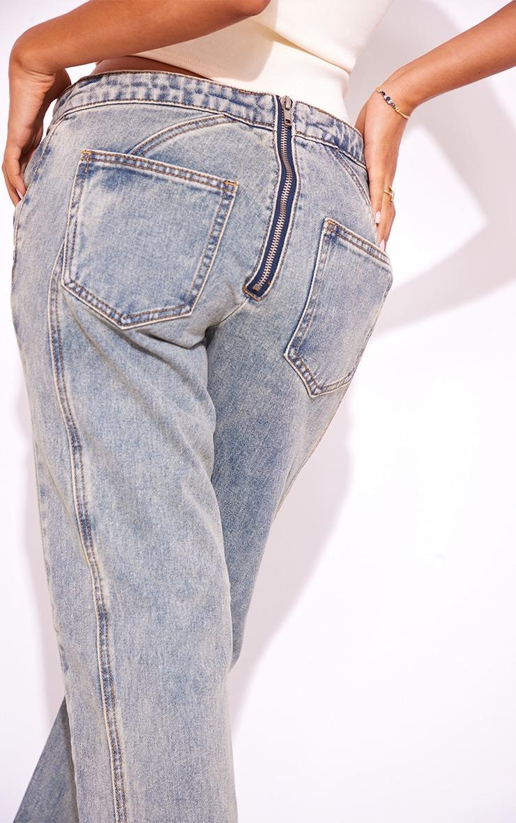 Petite Vintage Wash Seam Detail Foldover Waistband Straight Leg Jeans Product Image