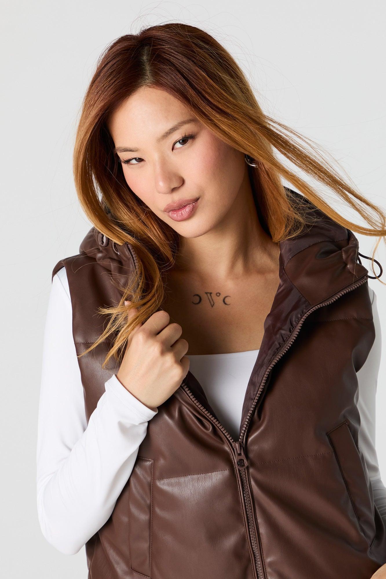 Faux Leather Hooded Puffer Vest Female Product Image