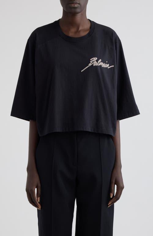 BALMAIN Crystal Logo Cropped T-shirt In Black Product Image