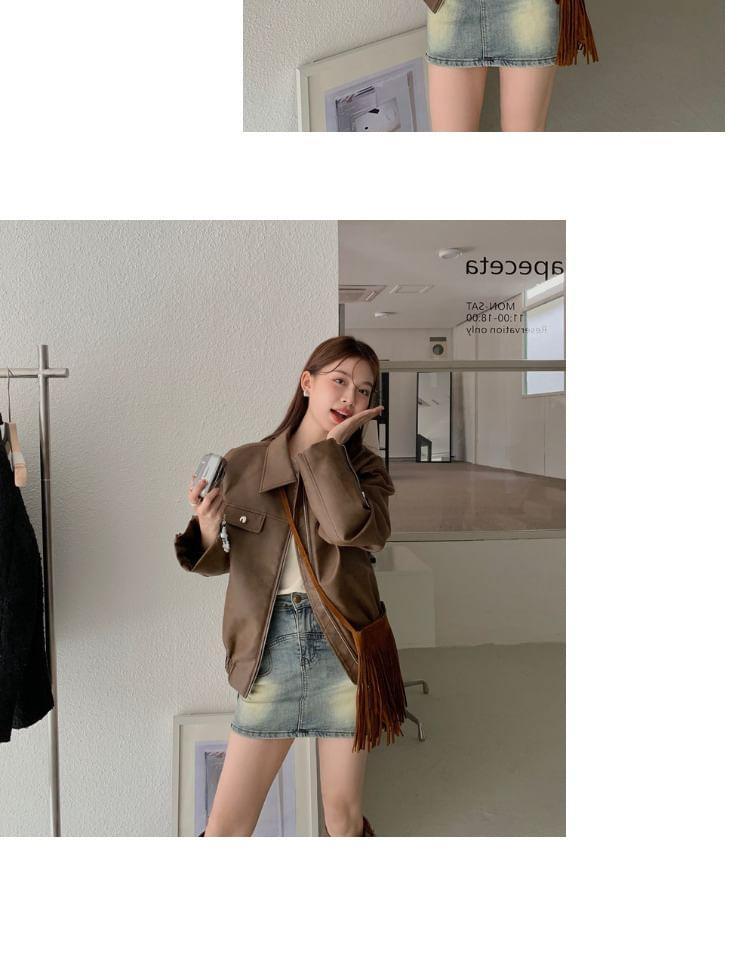 Collar Faux Leather Zip Jacket Product Image