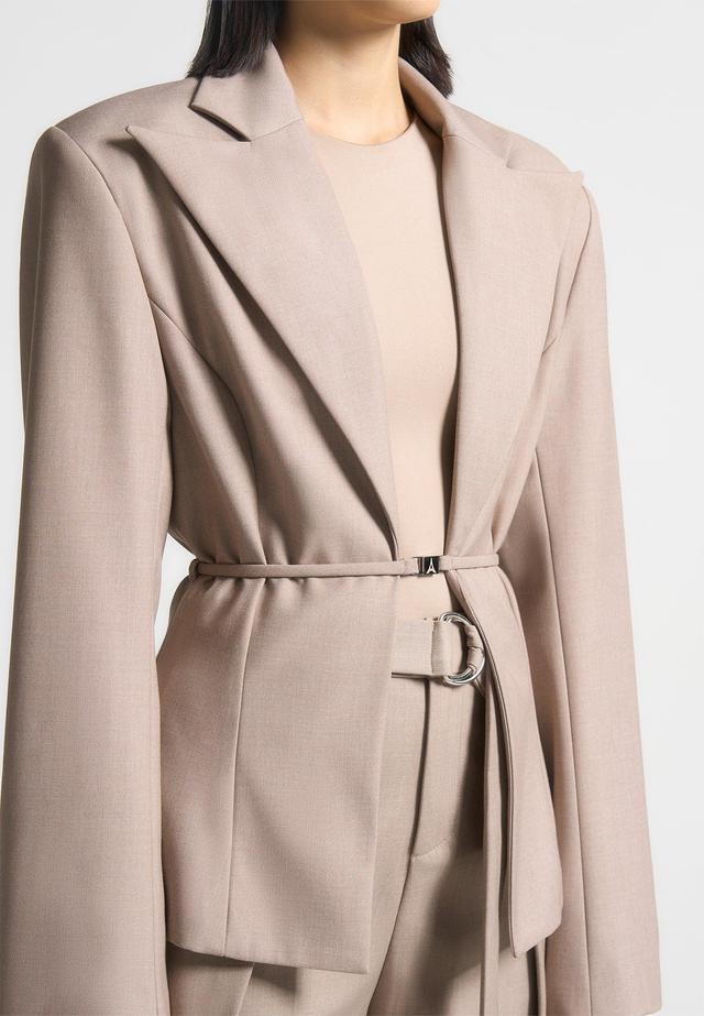 Wide Shoulder Tailored Blazer with Twin Belt - Taupe Female Product Image