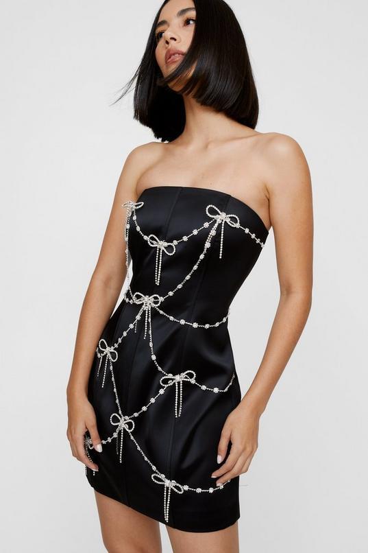 Bow Embellished Satin Trim Bandeau Mini Dress Product Image