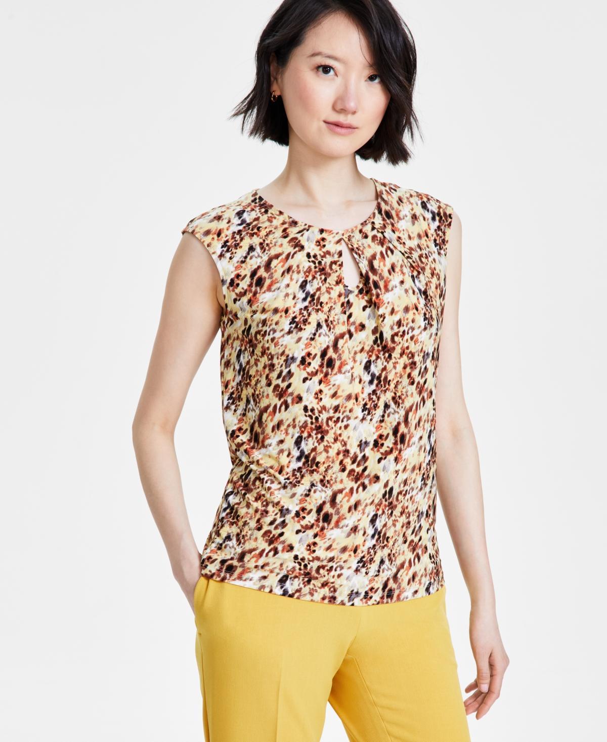 Kasper Womens Pleated-Neck Printed Sleeveless Top - Daffodil Product Image